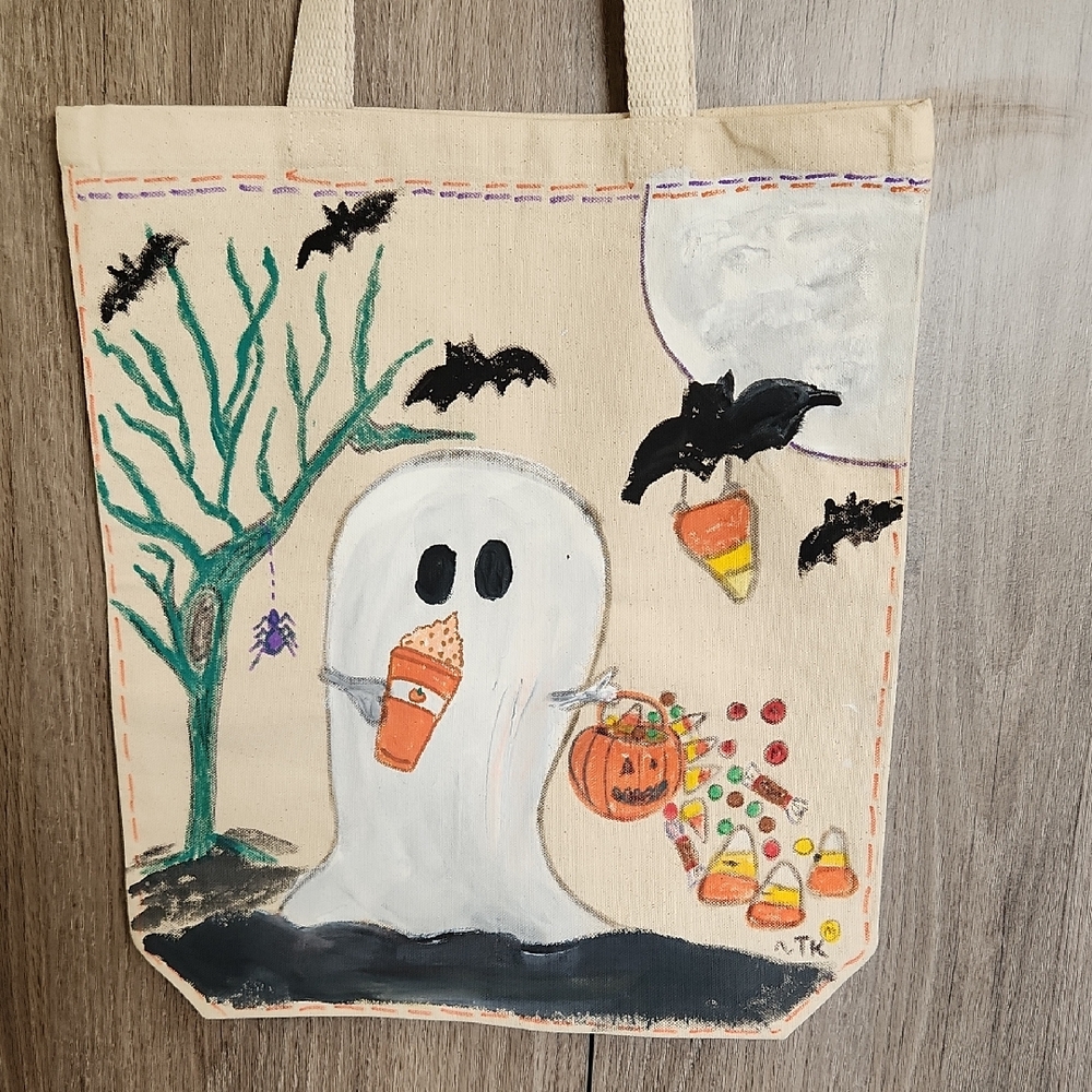 Hand Painted Autumn Tote Ghost  Pumpkin Latte Bag Eco  Friendly Coffee